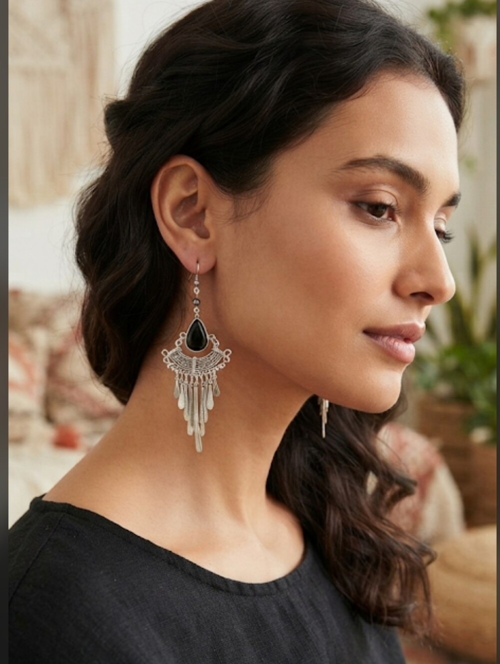 Vintage Boho Silver Black Stone Chandelier Fringe Drop Statement Earrings